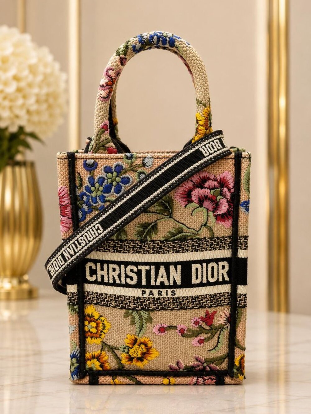 Authentic Christian Dior Mini Book Tote Floral Embroidered Canvas Crossbody Bag